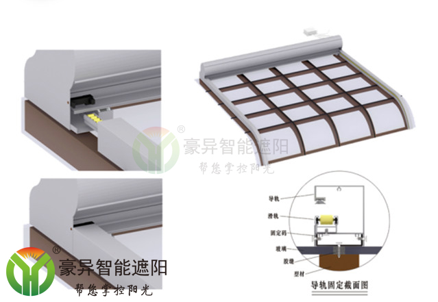 1固定卷帘盒:卷帘盒底座涂结构胶粘结于玻璃顶 6.2固定导
